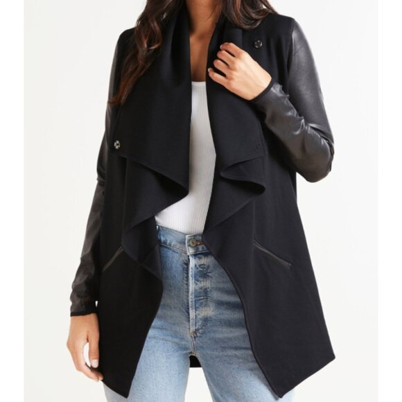 Spanx Faux Leather Drape Front Jacket Very Black Edgy Motorcycle Leather Coat S - Picture 6 of 16